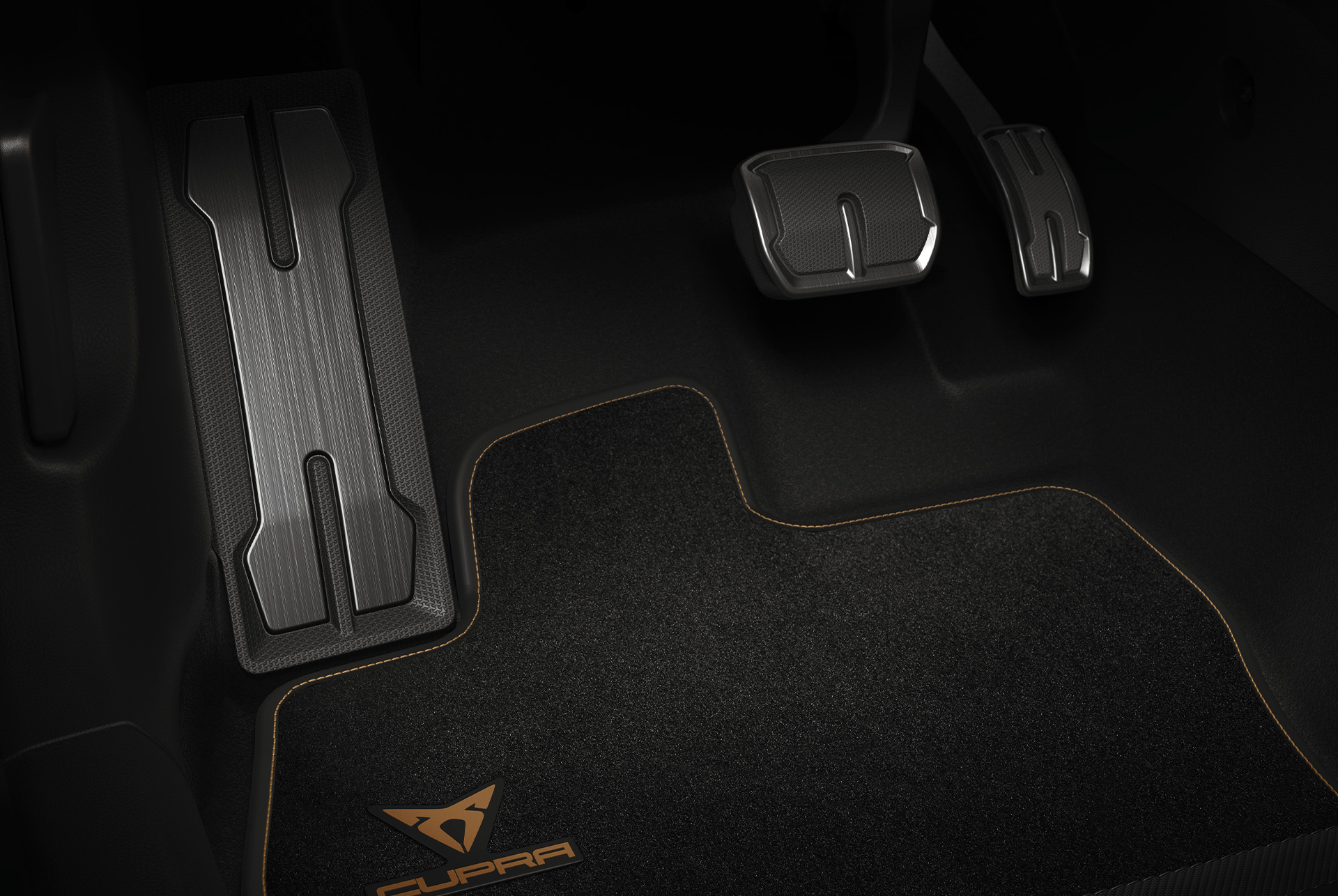 Close-up view of the Dark Aluminium pedals exclusive to the CUPRA Ateca Tribe Edition, featuring a matching footrest to enhance the sportive driving feel and control.