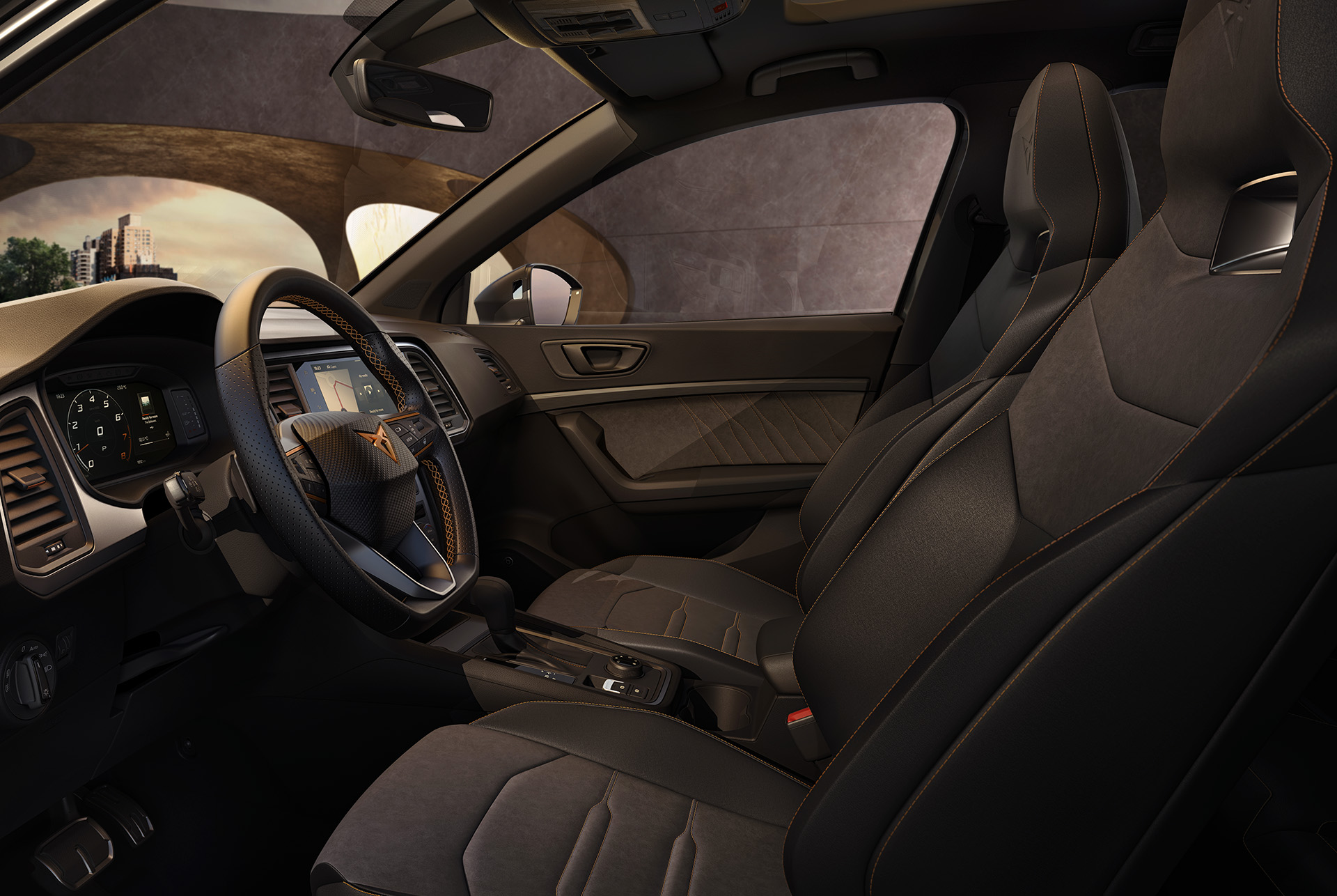 Interior view of the CUPRA Ateca Tribe Edition featuring the Dinamica black interior and sport-inspired Bucket seats.