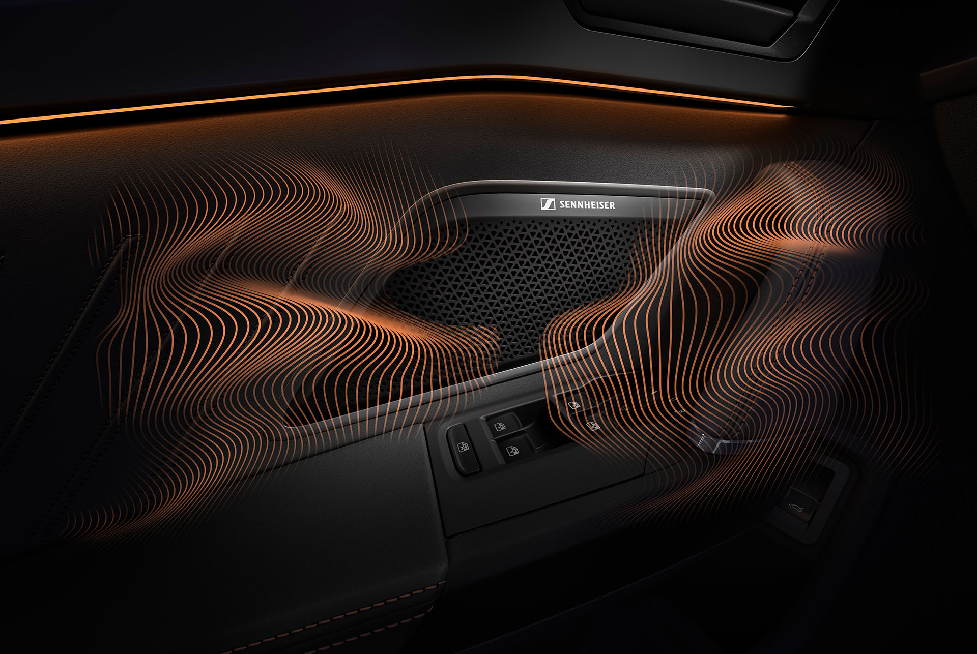 New CUPRA Formentor 2024 immersive by Sennheiser™ equipment upgrade technology. Close up of Sennheiser™ speaker on CUPRA Formentor door panel, sound waves and ambient lighting.